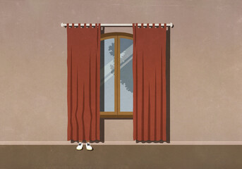 Unrecognizable person hiding behind red curtains at window
