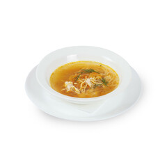Fresh soup in white bowl on plate isolated in white background
