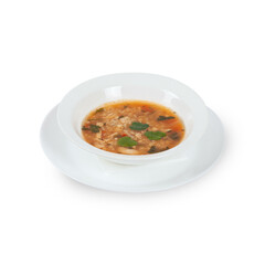 Fresh soup in white bowl on plate isolated in white background