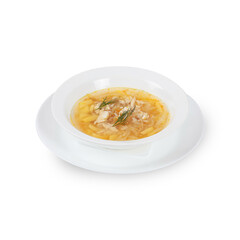 Fresh soup in white bowl on plate isolated in white background