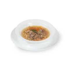 Fresh soup in white bowl on plate isolated in white background