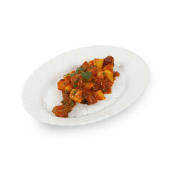 Potatoes with meat on a white plate isolated