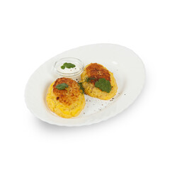Potato pancakes with sour cream on a white plate isolated without background