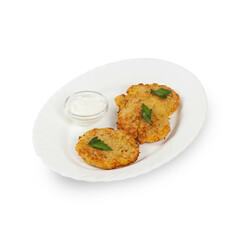 Potato pancakes with sour cream on a white plate isolated without background
