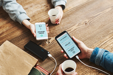 Money transfer. Online banking. People transferring money online using applications for send and...