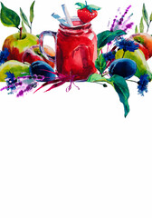 Watercolor illustration with glass of smoothie, flowers and fruit, template for card, poster. 