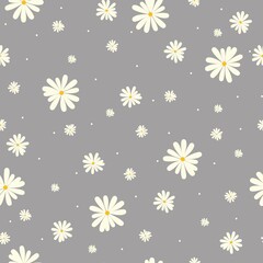 Simple vintage pattern. white chamomile flowers and dots. Gray background. Fashionable print for textiles, wallpaper and packaging.