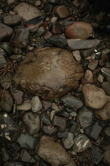 Large wet stones on the ground. Mountain road