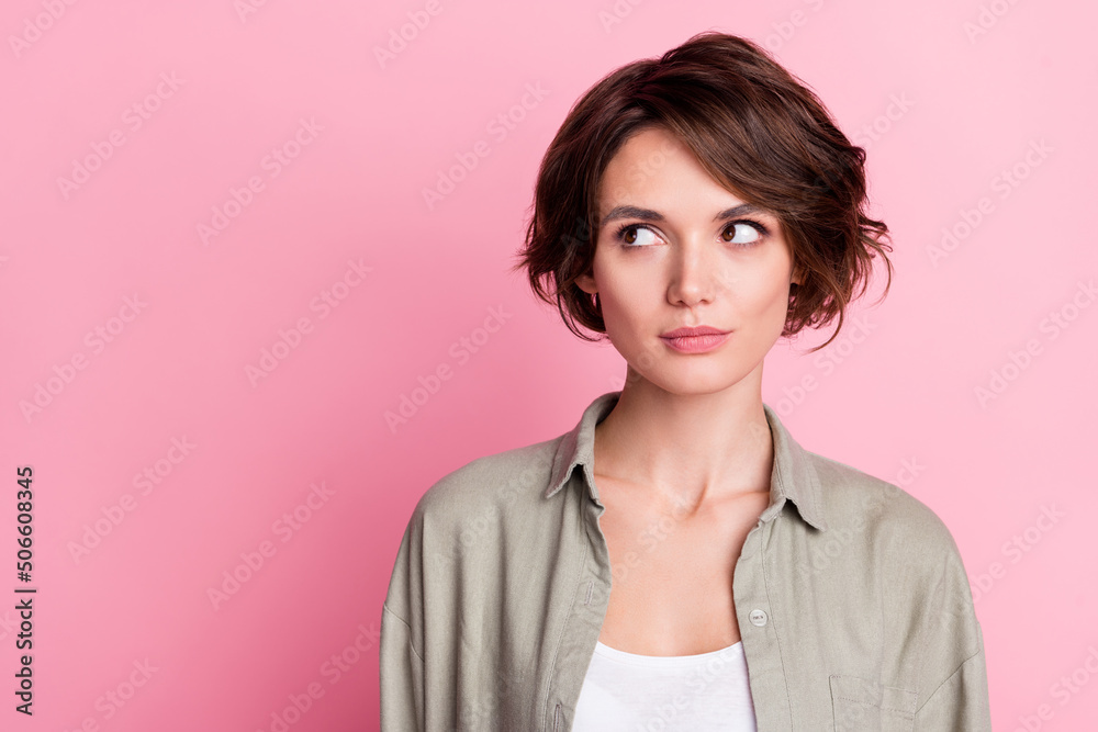 Poster Portrait of pensive lady marketer look empty space find answer difficult question isolated over pastel color background