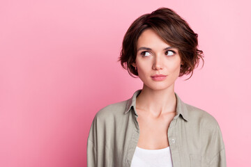 Portrait of pensive lady marketer look empty space find answer difficult question isolated over pastel color background