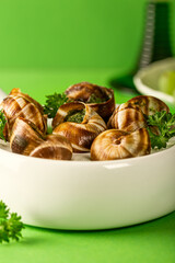 Baked Bourgogne Escargot Snails with garlic herbs butter in ceramics pan on green background, close up, copy space