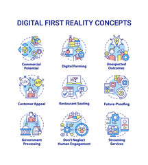 Digital first reality concept icons set. Electronic commerce. Business transformation idea thin line color illustrations. Isolated symbols. Editable stroke. Roboto-Medium, Myriad Pro-Bold fonts used