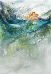 watercolor painting. little mermaid and human. fantasy  illustration.