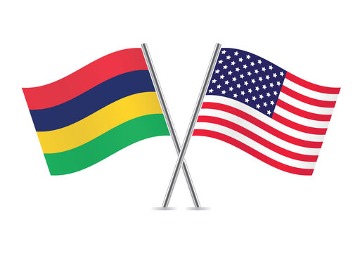Mauritius and America crossed flags. Mauritian and American flags on white background. Vector icon set. Vector illustration.