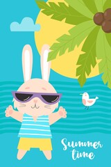 Summer time poster with cute hare tourist, sea, palm tree and seagull. Vector illustration. Vertical card of summer rabbit character on tropical beach for flyers, cards, advertising, travel brochures