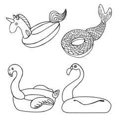 Set of inflatable swimming circles,unicorn.swan.flamingos, fish.isolated on a white background.Vector illustration in doodle style.For summer,beach designs.