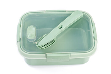 Plastic food storage container and cutlery set on white background