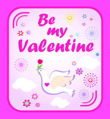 Valentine’s day poster with flying dove with tulip. Concept for flyers, wedding invitation, social media greeting, banners