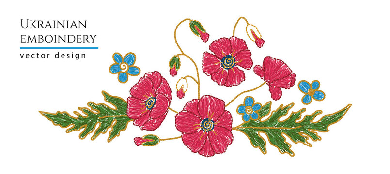 Ukrainian embroidery ornament. Poppy flower embroidered arrangement, bouquet graphic.