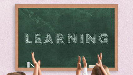 Learning  writing on green chalkboard, students raising hands in front of the chalk board with wooden frame, school and classroom concept