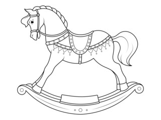 Children toy, transport. Wooden horse in saddle swing for small children. Page outline of cartoon. Raster illustration, coloring book for kids. © toricheks
