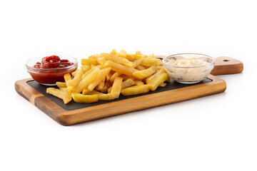 Fried potatoes with ketchup and Mayonnaise isolated on white background