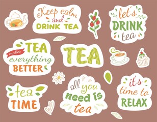 Quotes tea typography set. Calligraphy hand written phrases about tea. Tea shop lettering design collection. On brown isolated background.