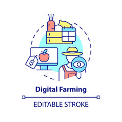 Digital farming concept icon. Purchase farm products online. Digital first service abstract idea thin line illustration. Isolated outline drawing. Editable stroke. Arial, Myriad Pro-Bold fonts used