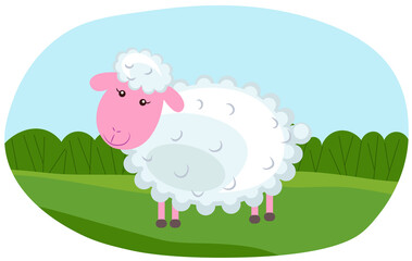 Young cute curly sheep. Cartoon character lamb on green lawn landscape. Template of cute farm animal. Education card for kids learning animals. Suitable for decoration and design in cartoon style