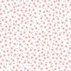 Simple vintage pattern.  small pink flowers and grey leaves.  white background. Fashionable print for textiles, wallpaper and packaging.