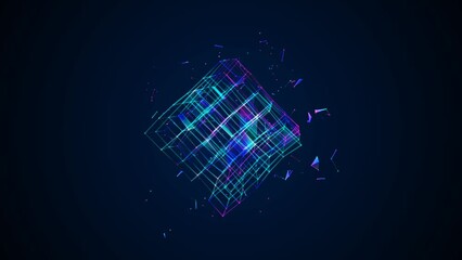 Graphic neon animated symbol squares, rhomb, dot, line. Glass fragment. Maze icon. Design randomly rotating Rubik's Cube. Color glow. Weightlessness. Space. Background logo, technology, business. 4k - Powered by Adobe