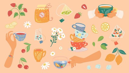 Hand drawn teapot and cup collection. Vector illustration tea accessories for tea ceremony for cafe and restaurant menu design