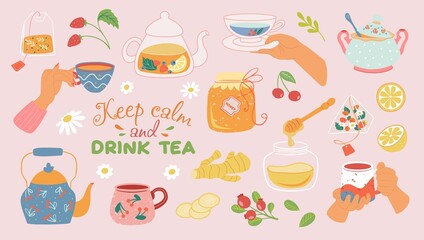 Hand drawn teapot and cup collection isolated on beige background. Vector illustration tea accessories for tea ceremony for cafe and restaurant menu design