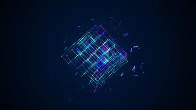 Graphic neon animated symbol squares, rhomb, dot, line. Glass fragment. Maze icon. Design randomly rotating Rubik's Cube. Color glow. Weightlessness. Space. Background logo, technology, business. 4k