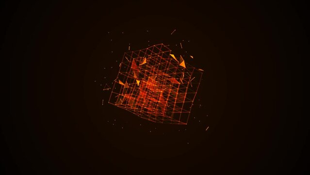 Graphic neon animated symbol of squares, rhomb, dot, line. Glass fragment. Maze icon. Design randomly rotating Rubik's Cube. Fire glow. Weightlessness. Space. Background logo, technology, business. 4k