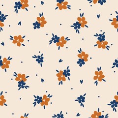 Simple vintage pattern. Orange and blue flowers, leaves, dots. Beige background. Fashionable print for textiles and wallpaper.