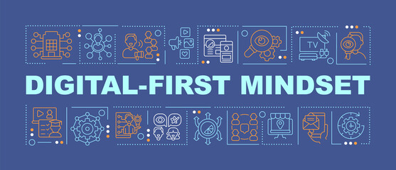 Digital first mindset word concepts dark blue banner. Electronic commerce. Infographics with icons on color background. Isolated typography. Vector illustration with text. Arial-Black font used