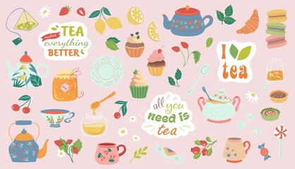 Hand drawn teapot and cup collection isolated on pink background. Vector illustration tea accessories and sweets for tea ceremony for cafe and restaurant.