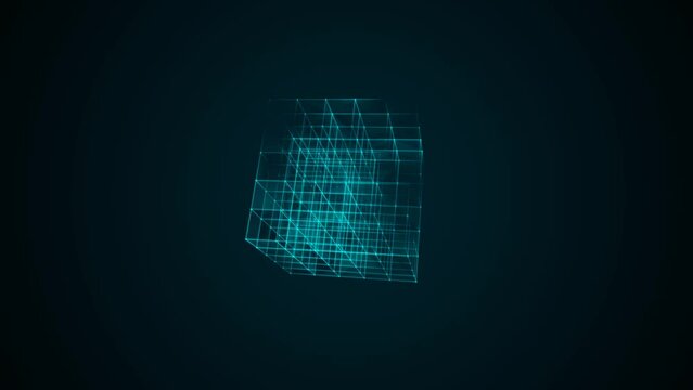 Graphic neon animated symbol of squares, rhomb. Maze icon. Design randomly rotating Rubik's Cube. Blue glow. Movement energy. Cosmic body. Background logo, technology, science, business. 4k.