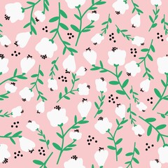 Simple vintage pattern. cute white flowers and green leaves. pink background. Fashionable print for textiles, wallpaper and packaging.