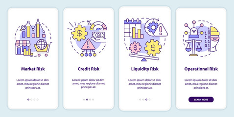 Risk categories onboarding mobile app screen. Business safety plan walkthrough 4 steps graphic instructions pages with linear concepts. UI, UX, GUI template. Myriad Pro-Bold, Regular fonts used