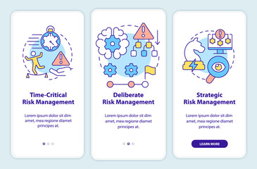 Obraz na płótnie Canvas Operational risk management levels onboarding mobile app screen. Business walkthrough 3 steps graphic instructions pages with linear concepts. UI, UX, GUI template. Myriad Pro-Bold, Regular fonts used