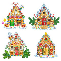 Obraz premium Watercolor illustration with isolated gingerbread houses