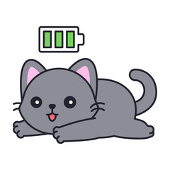 Gray cat jumping with full battery icon