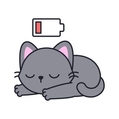 Gray cat sleeping with low battery icon