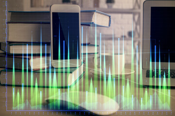 Double exposure of financial graph drawing and cell phone background. Concept of forex trading