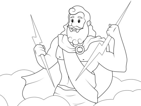 God, Zeus in the sky with lightning in his hand. Page outline of cartoon. Raster illustration, coloring book for kids.