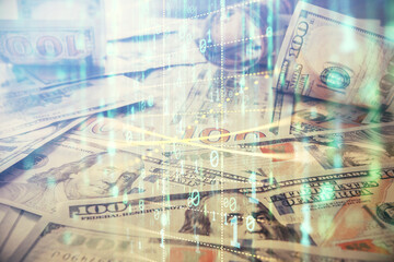 Double exposure of data theme drawing over us dollars bill background. Technology concept.