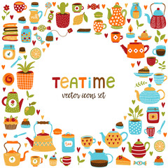 Cute tea time hot drink teapots cups and sweets icons vector set. Decorative road frame