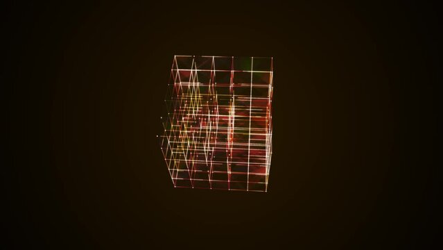 Graphic neon animated symbol of squares, rhomb. Maze icon. Design randomly rotating Rubik's Cube. Rainbow glow. Movement energy. Cosmic body. Background logo, technology, science, business. 4k.